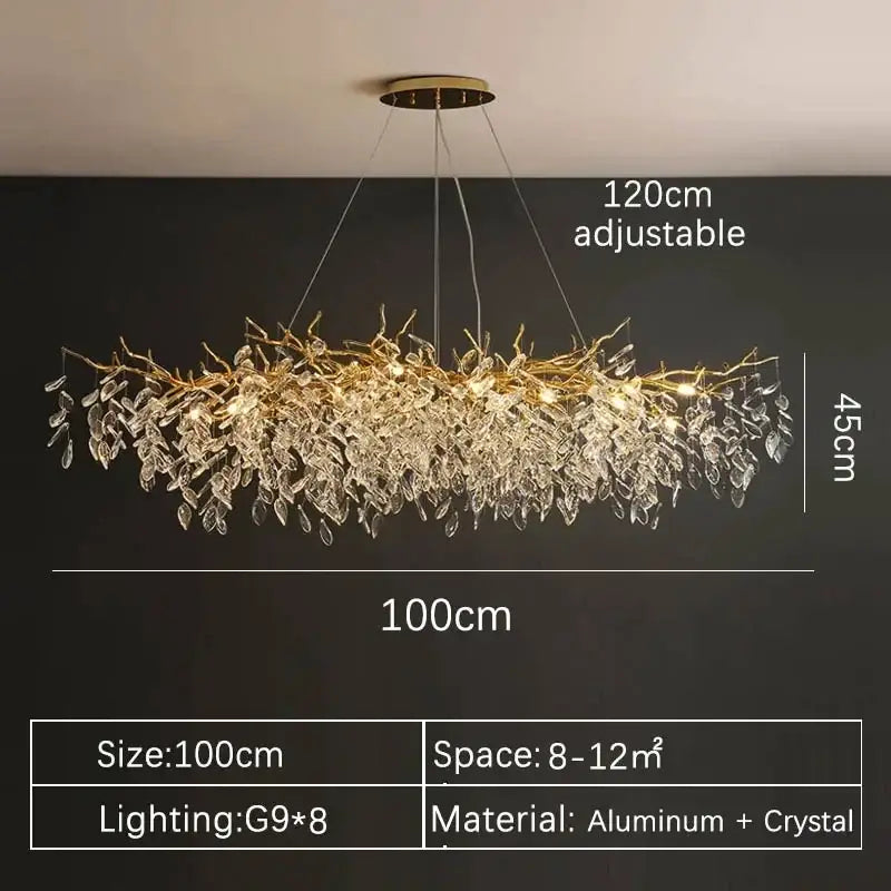 Modern gold crystal pendant chandelier with a 100cm golden aluminum frame and cascading leaf design by decorbites crystal pendant
