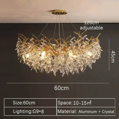 Modern gold crystal pendant chandelier with golden leaf design and clear crystal accents made from aluminum and crystal