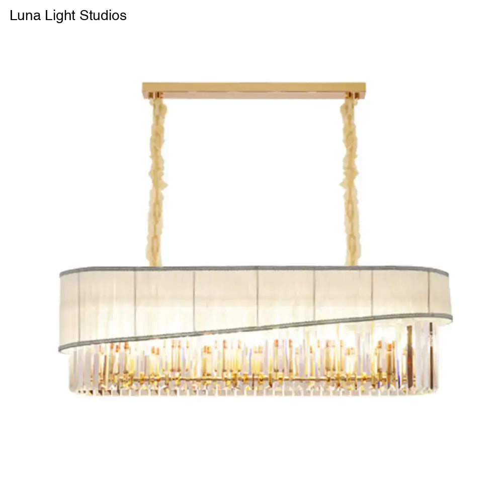 Modern gold crystal pendant light fixture with oval fabric shade and twisted rope chains for 220v-240v or 110v-120v use