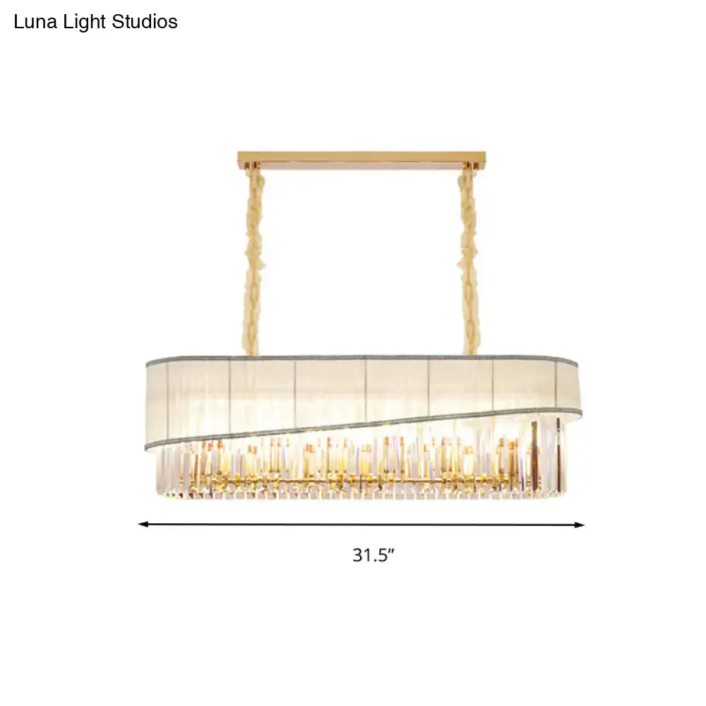 Elegant gold-toned modern pendant light fixture with rectangular frame, crystal rods, and fabric shade for dining room, 220v-240v 110v-120v