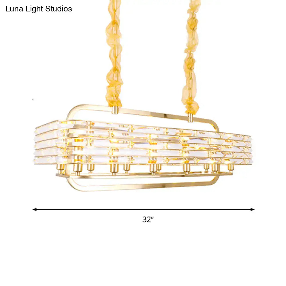 DecorBites™ modern gold crystal pendant light fixture with 8 heads featuring clear crystal bars and amber chains for living room