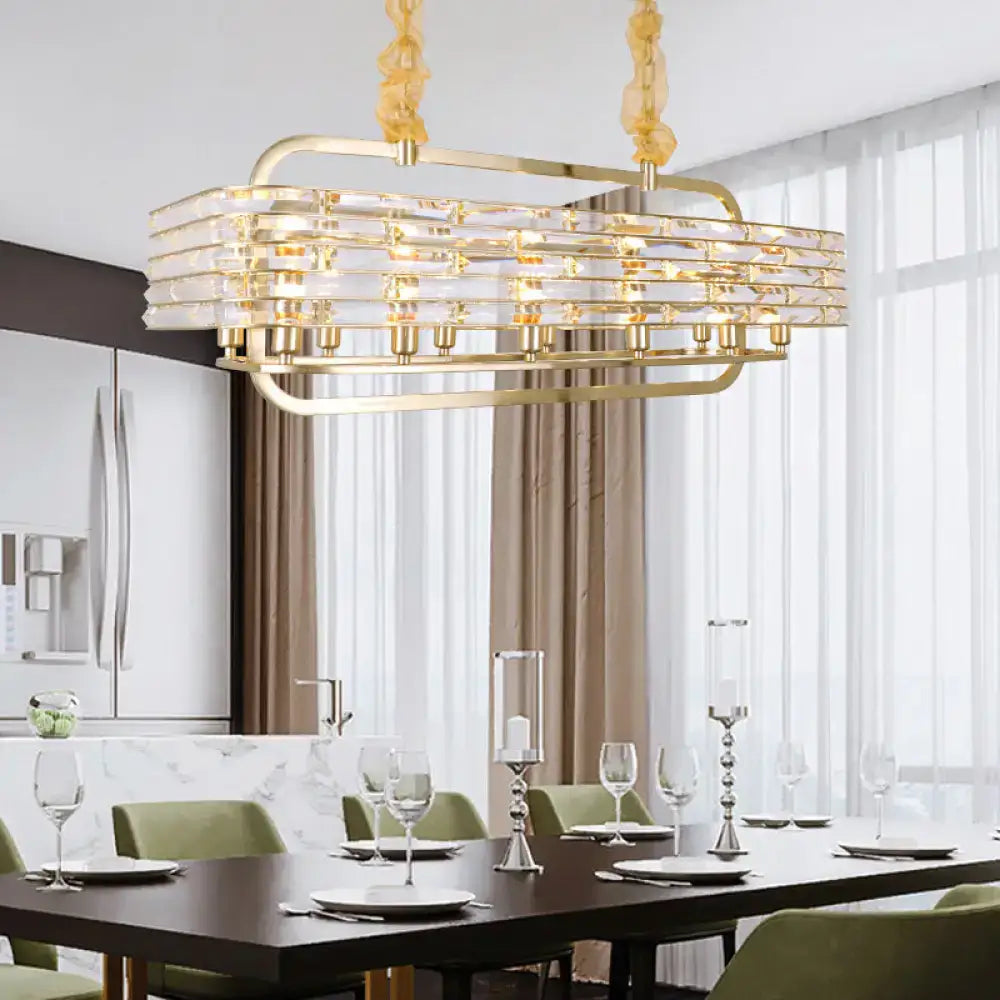 DecorBites modern gold crystal pendant light fixture with rectangular tiers and exposed bulbs for living room lighting
