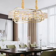 DecorBites modern gold crystal pendant light fixture with rectangular tiers and exposed bulbs for living room lighting