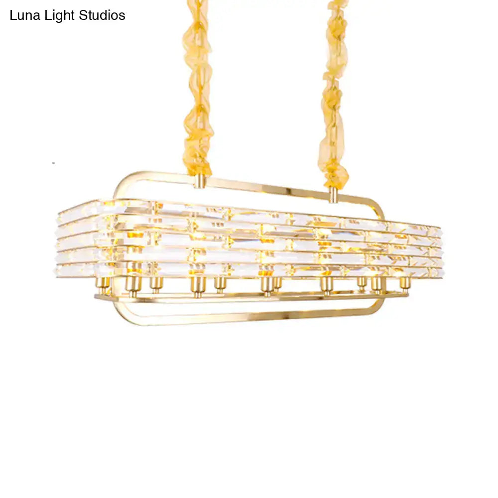 DecorBites modern gold crystal pendant light fixture with 8 heads featuring stacked clear crystals and twisted amber chains