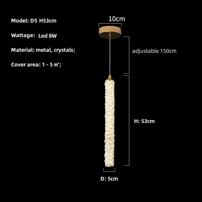Modern gold crystal pendant lights featuring adjustable gold-toned metal mount and cascading clear crystal column for luxury decorbites crystal pendant lighting