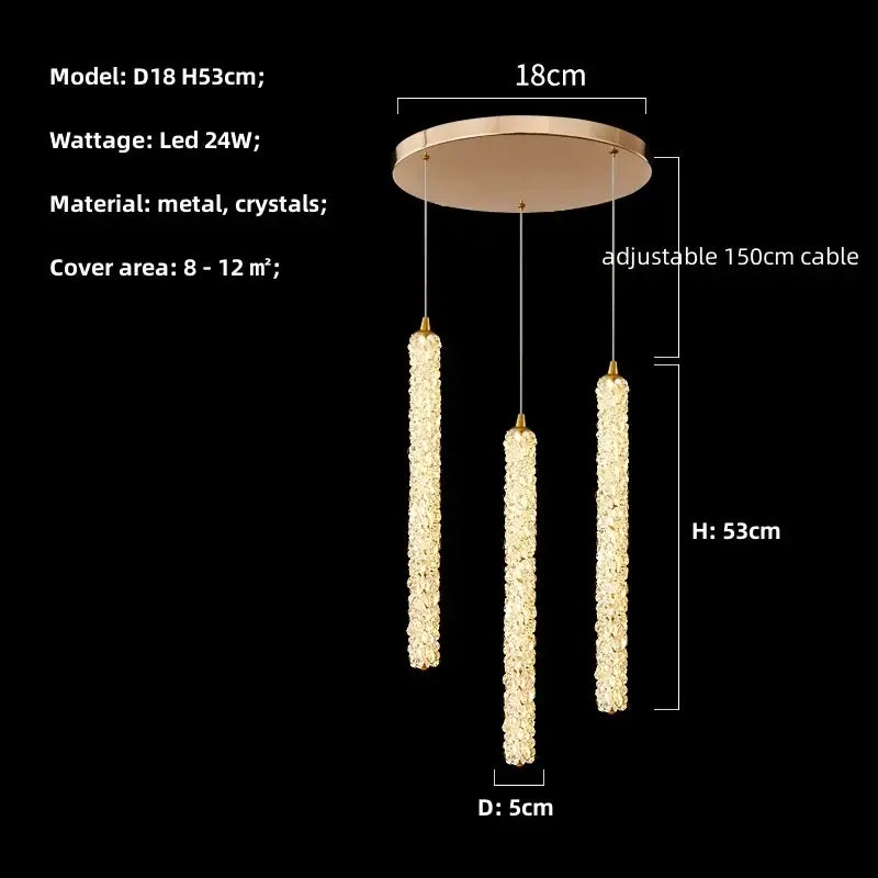 Modern gold crystal pendant lights featuring three cascading crystal-encrusted rods for luxury dining decorbites pendant lights