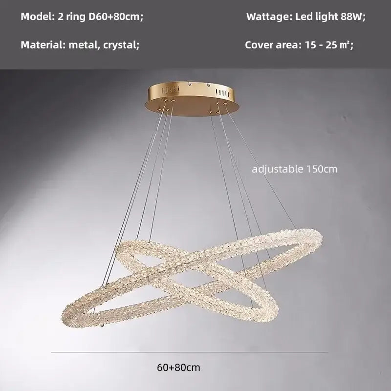 Modern gold crystal pendant lights featuring gold-toned metal and adjustable crystal double-ring design for dining rooms