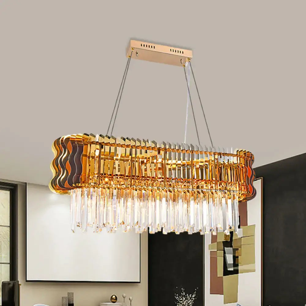 DecorBites modern crystal prism island pendant with gold finish featuring cascading crystal prisms and colorful glass accents
