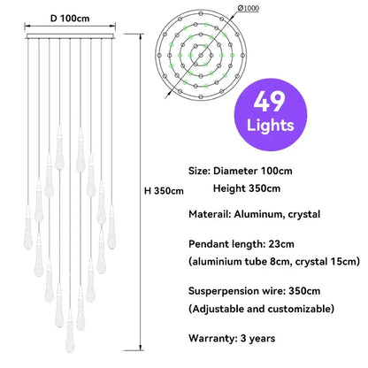 Modern gold crystal raindrop pendant lights foyer chandelier with 49 crystal pendant lights on aluminum frame