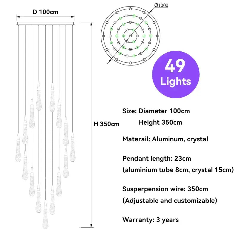 Modern gold crystal raindrop pendant lights foyer chandelier with 49 crystal pendant lights on aluminum frame