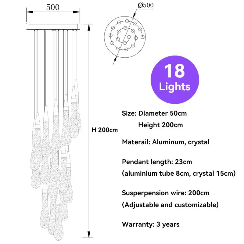 A modern gold 18-light aluminum chandelier with crystal raindrop pendant lights for foyer lighting