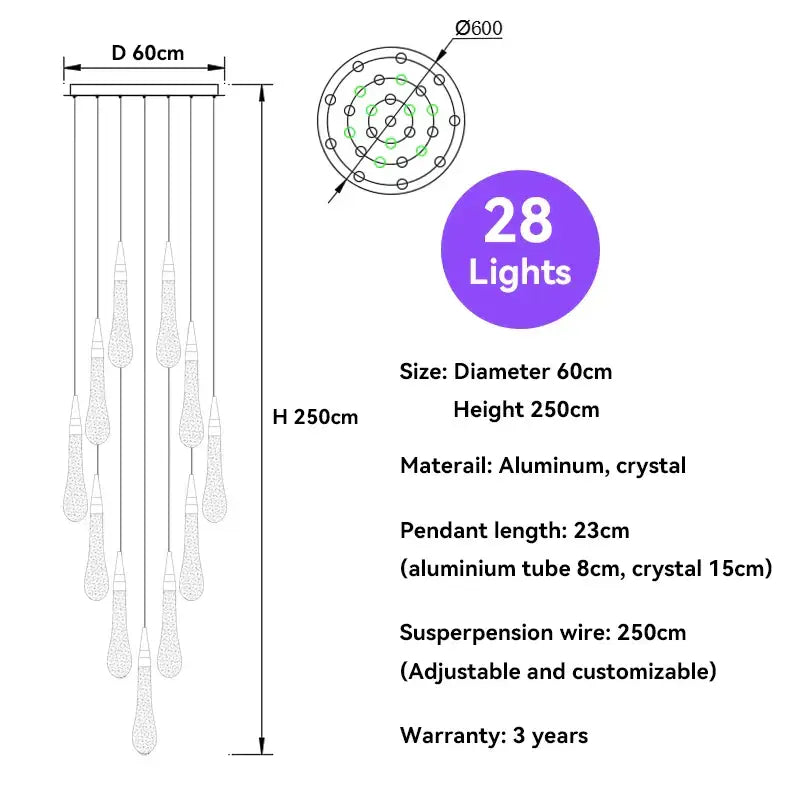 Elegant 60cm gold modern crystal raindrop pendant lights with 28 teardrop pendants on aluminum frame for foyers