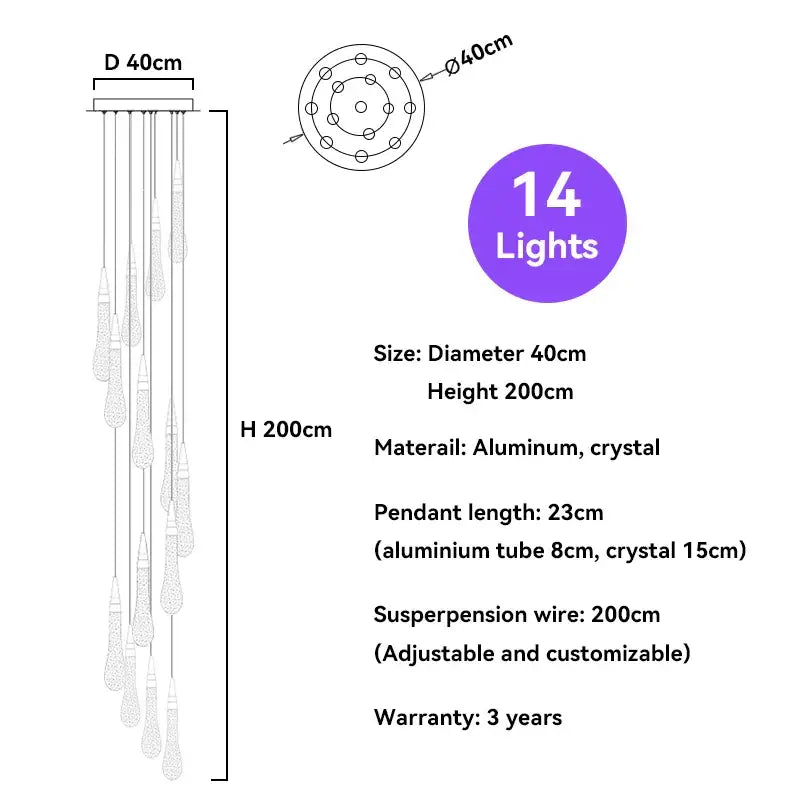 Elegant 14-light gold crystal raindrop pendant chandelier with aluminum frame and teardrop glass pendants for foyer