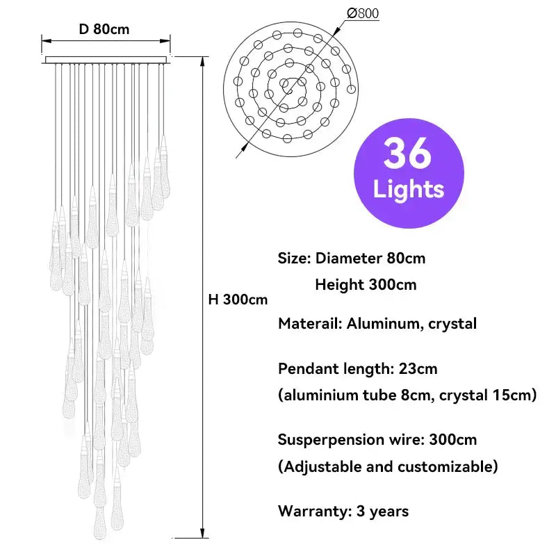 Elegant 36-light crystal raindrop pendant chandelier with sleek aluminum frame and gold finish for foyer lighting
