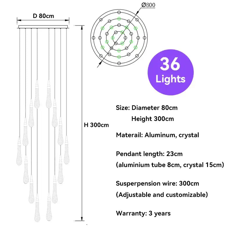 Modern gold crystal raindrop pendant lights 80cm diameter 300cm tall aluminum and crystal foyer chandelier with 36 lights