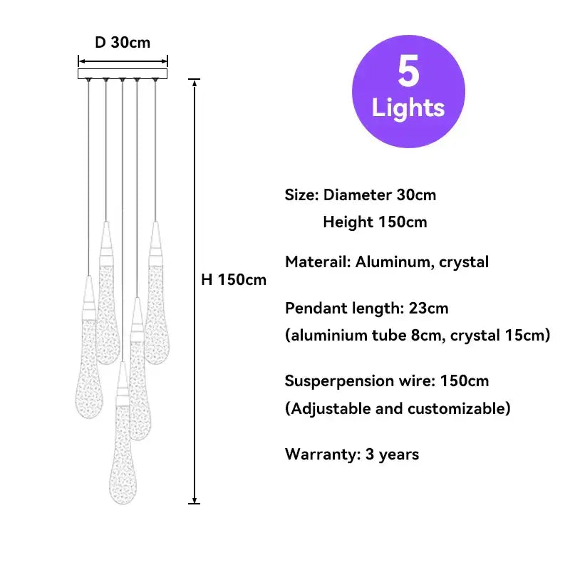 Elegant modern gold crystal raindrop pendant lights with 5-light aluminum frame for foyer chandelier lighting