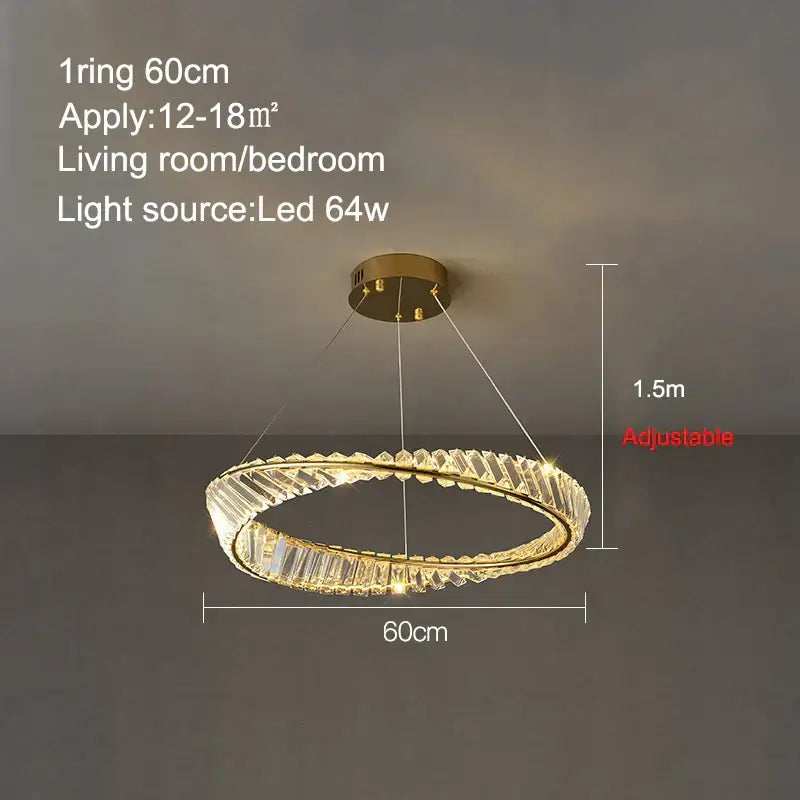Modern gold crystal ring ceiling lamp with adjustable 60cm metal frame and faceted decorbites crystal rings emitting warm led light