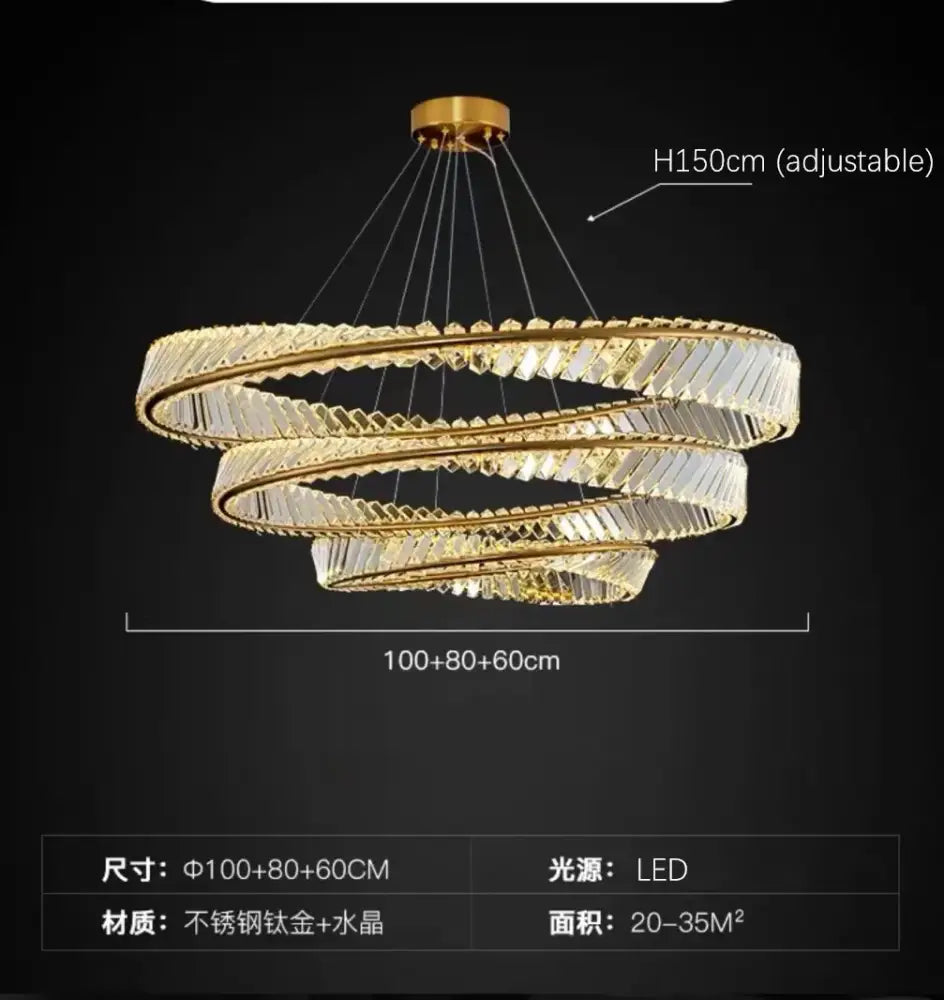Modern gold crystal ring ceiling lamp featuring a golden spiral chandelier with crystal accents and led lighting for decorbites