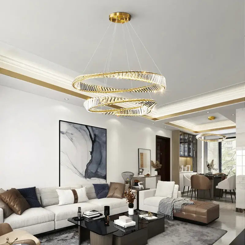Modern gold crystal ring ceiling lamp featuring double-ring design with faceted crystal accents for living room decorbites crystal ring