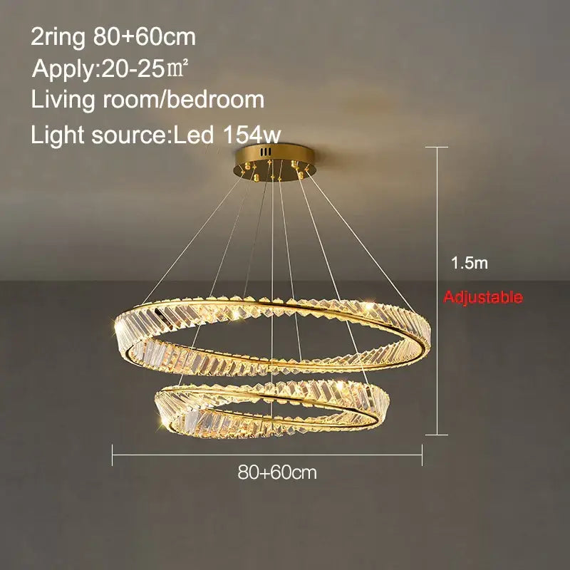 Modern gold crystal ring ceiling lamp featuring double crystal-encrusted rings with led lighting for living room decorbites ceiling lamp