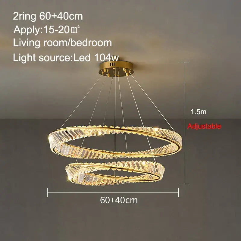Modern gold crystal ring ceiling lamp with double crystal-encrusted rings and led lighting for living room decorbites crystal ring