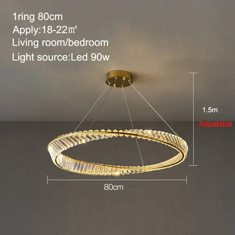 Modern gold crystal ring ceiling lamp with adjustable 1.5-meter drop and decorbites crystal ring design for living room decor