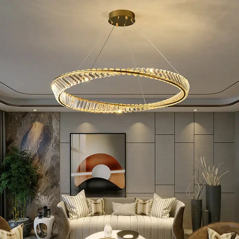 Modern gold crystal ring ceiling lamp with faceted crystal elements for elegant living room decorbites crystal ring design