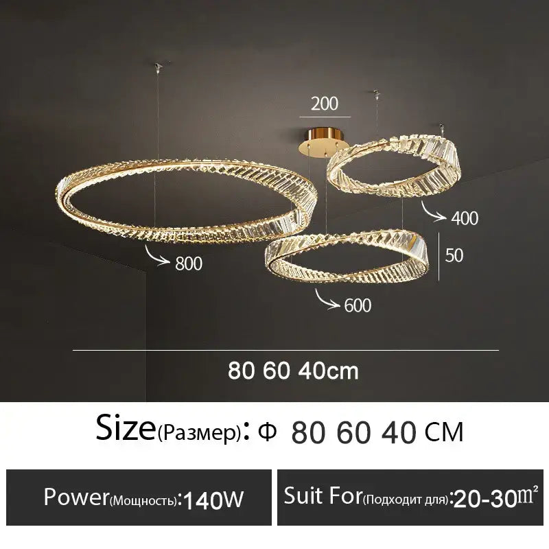 Modern gold crystal ring ceiling lamp featuring three interlocking rings with crystal accents for living room decorbites ceiling lamp