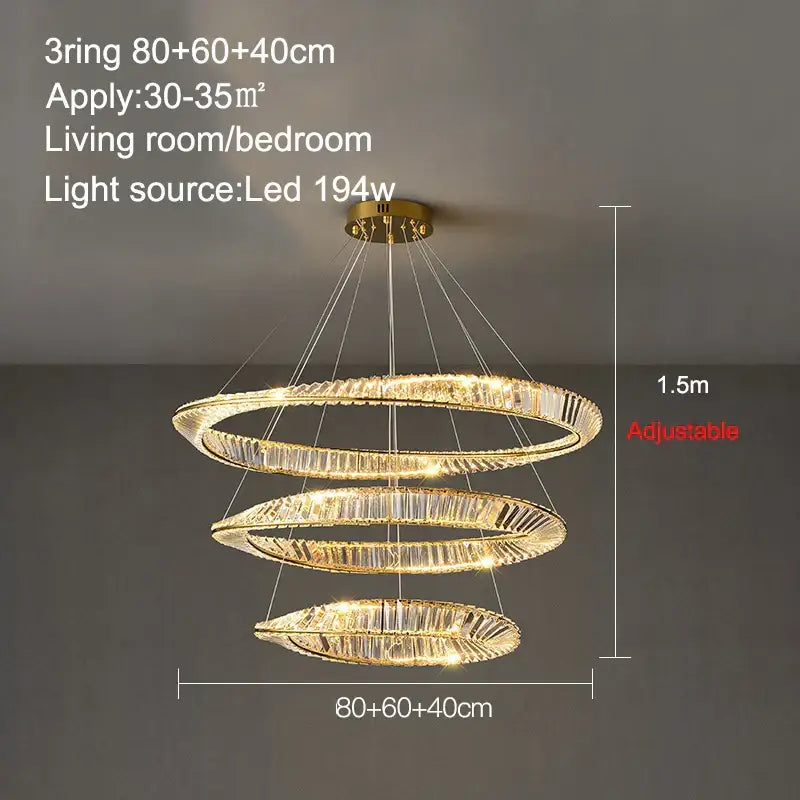 Modern gold crystal ring ceiling lamp featuring a three-tier gold-toned crystal ring ceiling design with led lighting