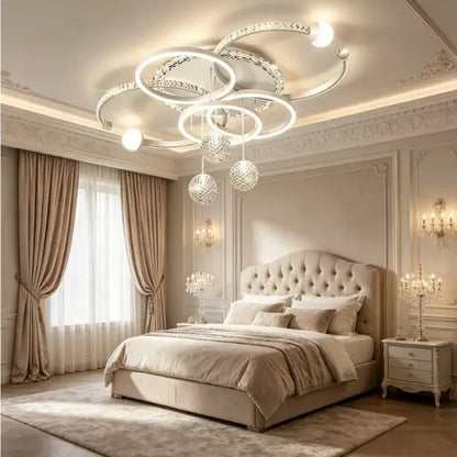 Modern gold crystal ring chandelier pendant light with multi-ring design and dimmable led bulbs for dining room use