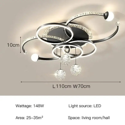 Modern black and crystal-encrusted dimmable led pendant light with spherical ornaments ideal for dining rooms