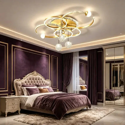 Modern gold crystal ring chandelier pendant light with interlocking rings and dimmable led bulbs for dining room
