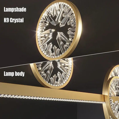 Modern gold crystal ring chandelier featuring a circular clear k9 crystal lampshade in a polished gold frame