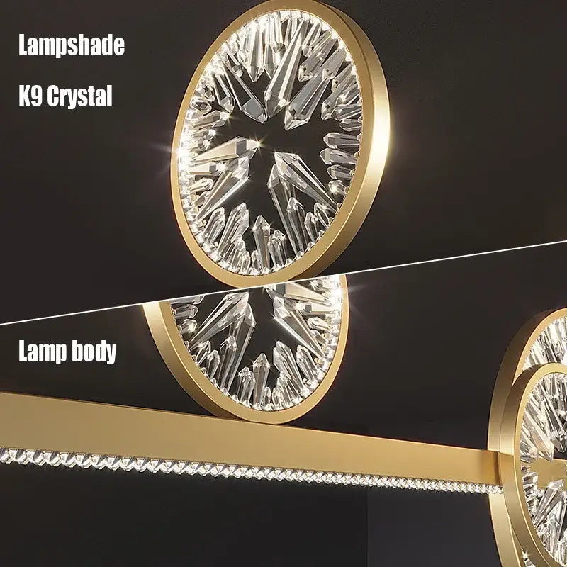 Modern gold crystal ring chandelier featuring a circular clear k9 crystal lampshade in a polished gold frame