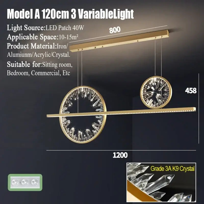 Modern gold crystal ring chandelier with two circular 3a k9 crystal pendants on iron aluminum frame for living room