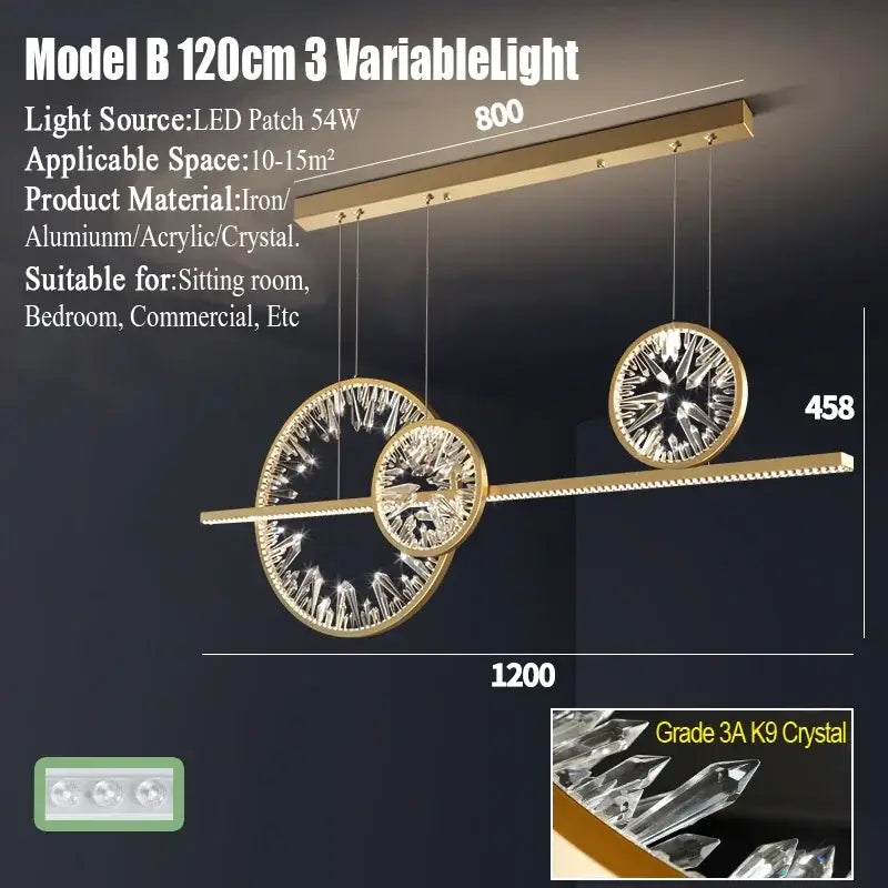 Modern gold crystal ring chandelier with three circular crystal accents and linear led light bar for living room pendant light