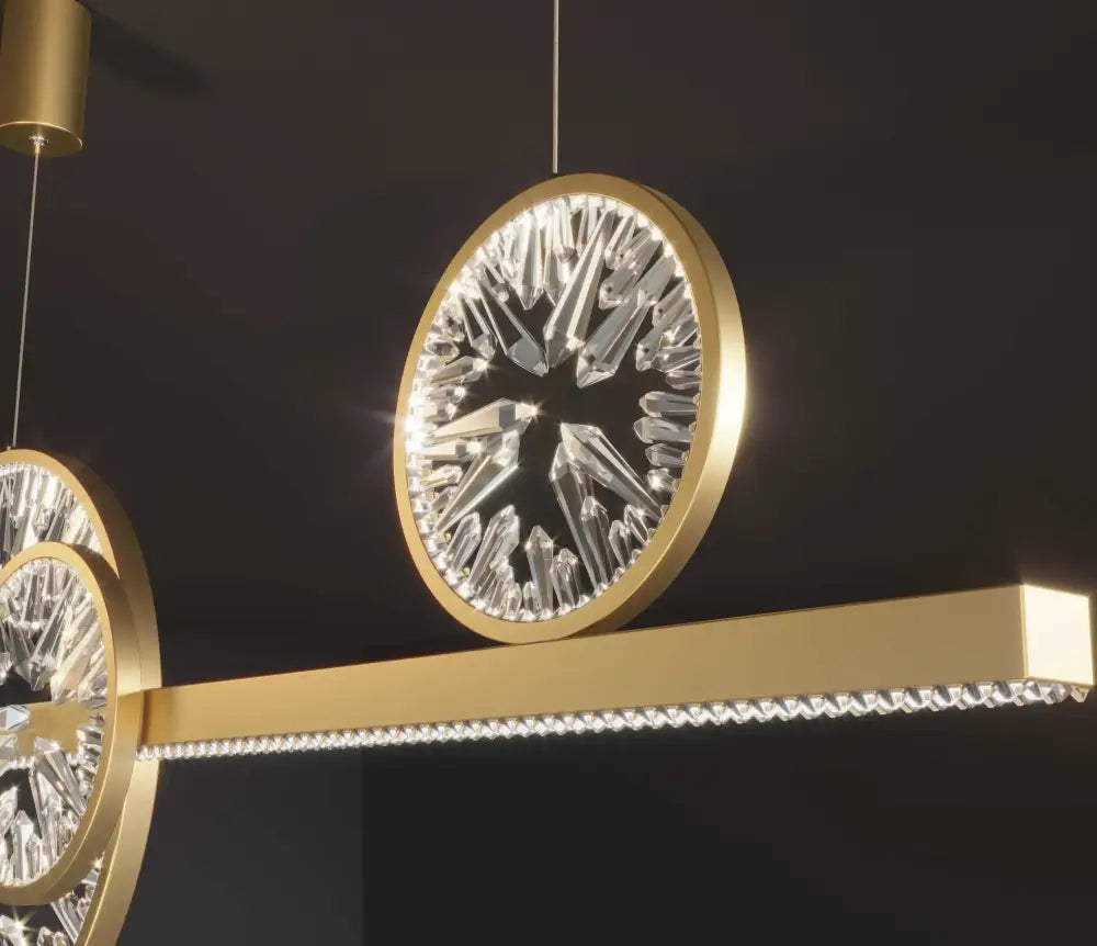 Modern gold crystal ring chandelier pendant light with faceted crystal elements and a crystal-embedded horizontal bar