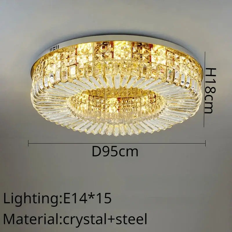 Modern gold crystal ring led ceiling lamp with sleek steel frame and two concentric rings of faceted crystals decorbites crystal ring