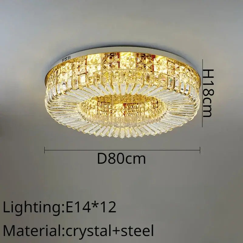 Modern gold crystal ring led ceiling lamp with multi-tiered faceted crystals refracting warm light for living room decorbites