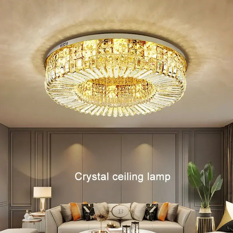 Modern gold crystal ring led ceiling lamp featuring layered faceted glass elements for elegant decorbites crystal ring decor