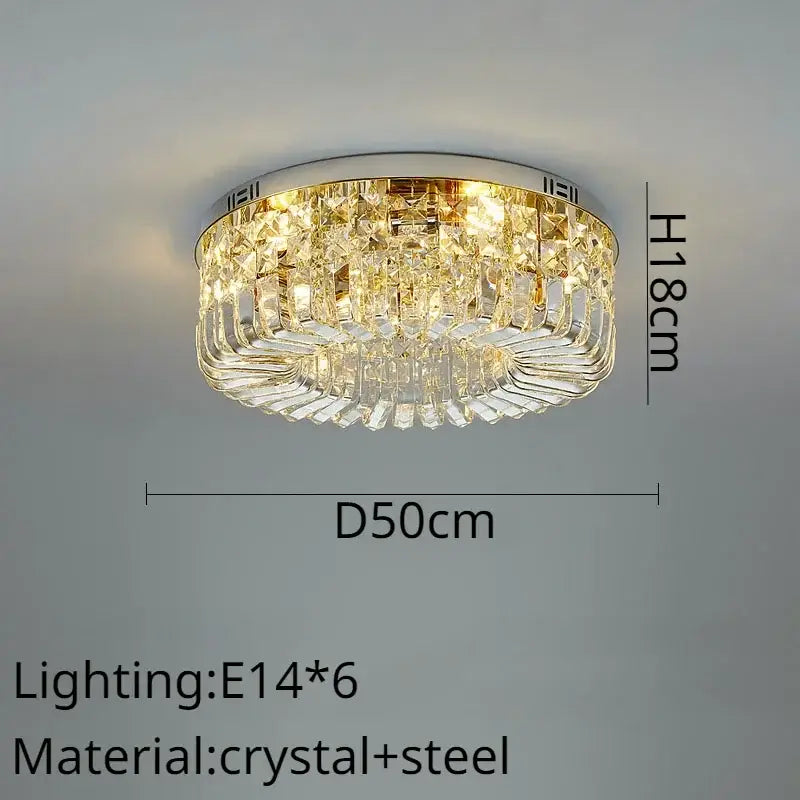 Modern gold crystal ring led ceiling lamp with chrome steel frame and cascading clear crystal prisms decorbites crystal ring