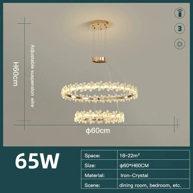 Modern gold crystal ring led chandelier with double rings crystal flower accents and adjustable suspension wire for dining room decorbites crystal ring
