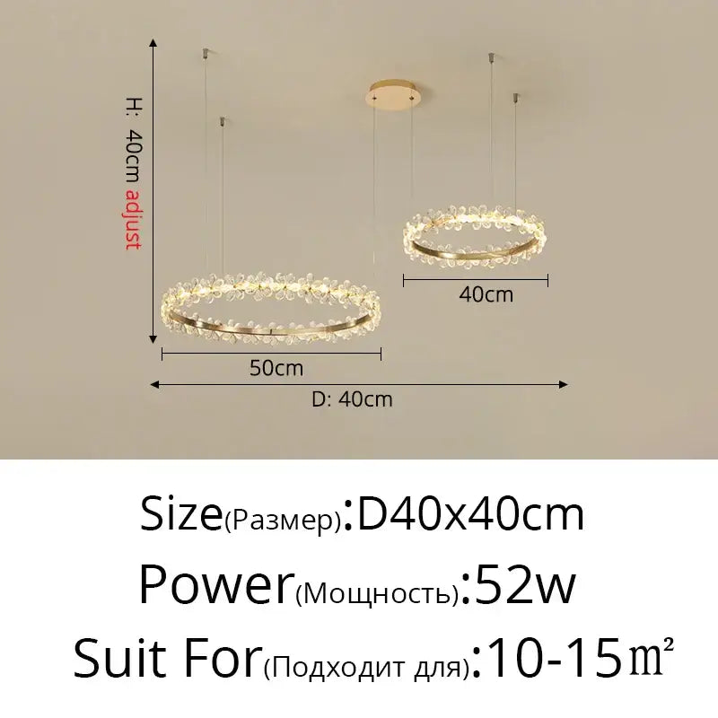Modern gold crystal ring led chandelier featuring a gold-toned circular pendant with embedded crystal accents and adjustable length