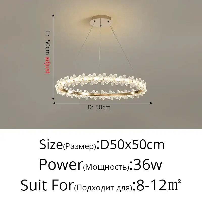 Modern gold crystal ring led chandelier with metal frame and flower-shaped clear crystal ornaments for dining room decorbites crystal ring