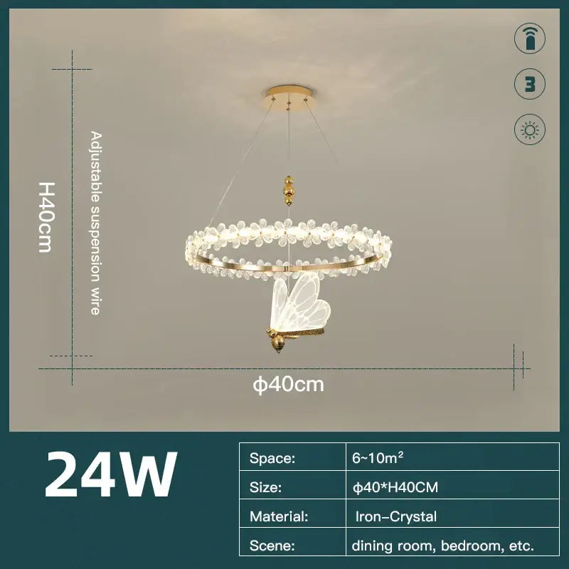Modern gold crystal ring led chandelier with circular crystal frame and illuminated butterfly pendant in iron and crystal