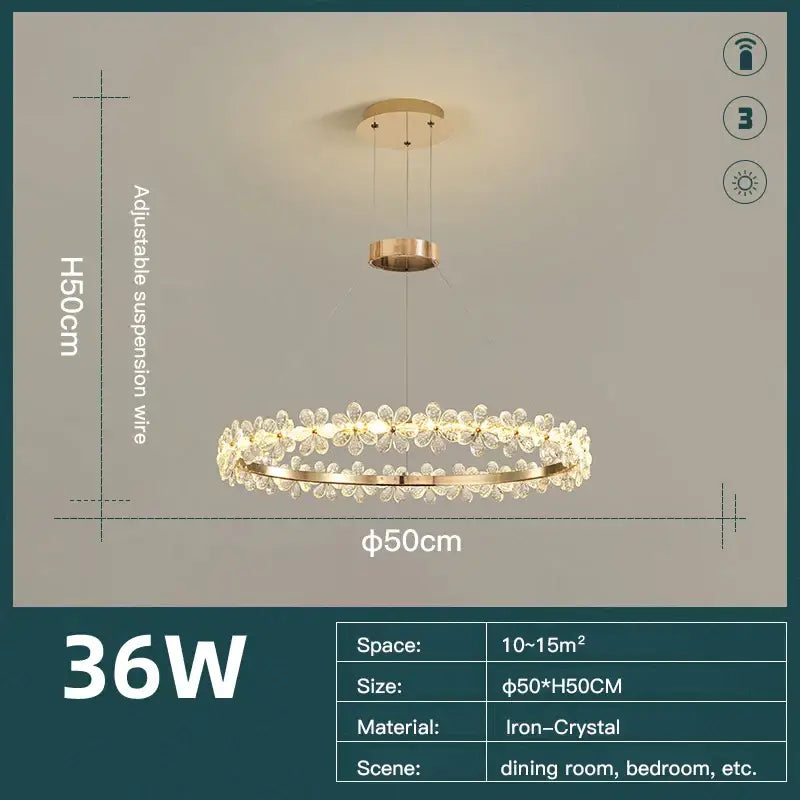 Modern gold crystal ring led chandelier with metal frame and flower-like accents for dining or bedroom decorbites crystal ring