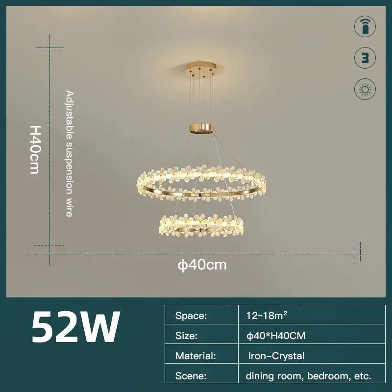 Modern gold crystal ring led chandelier with double-ring design and crystal flower accents for dining room decorbites crystal ring