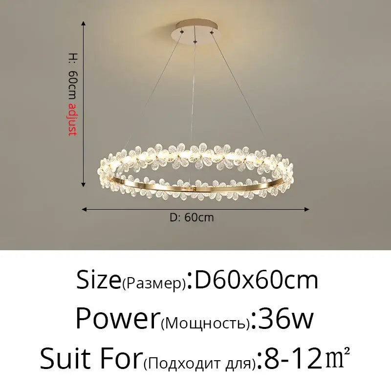 Modern gold crystal ring led chandelier with clear crystal flower accents and metal frame, perfect for dining room decorbites crystal ring