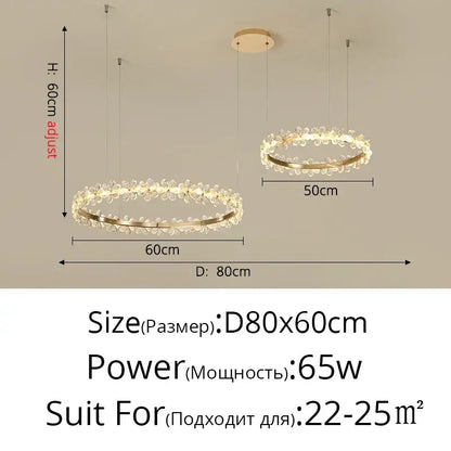 Modern gold crystal ring led chandelier with butterfly pendant and crystal flower accents featuring adjustable height