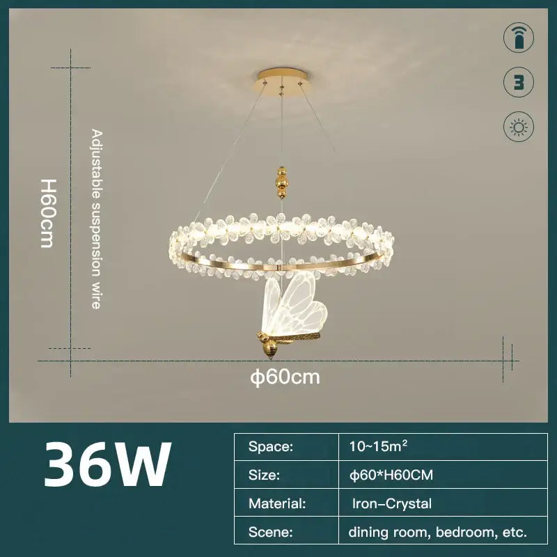 Modern gold crystal ring led chandelier with circular iron crystal frame and ornate butterfly pendant for dining room decorbites crystal ring
